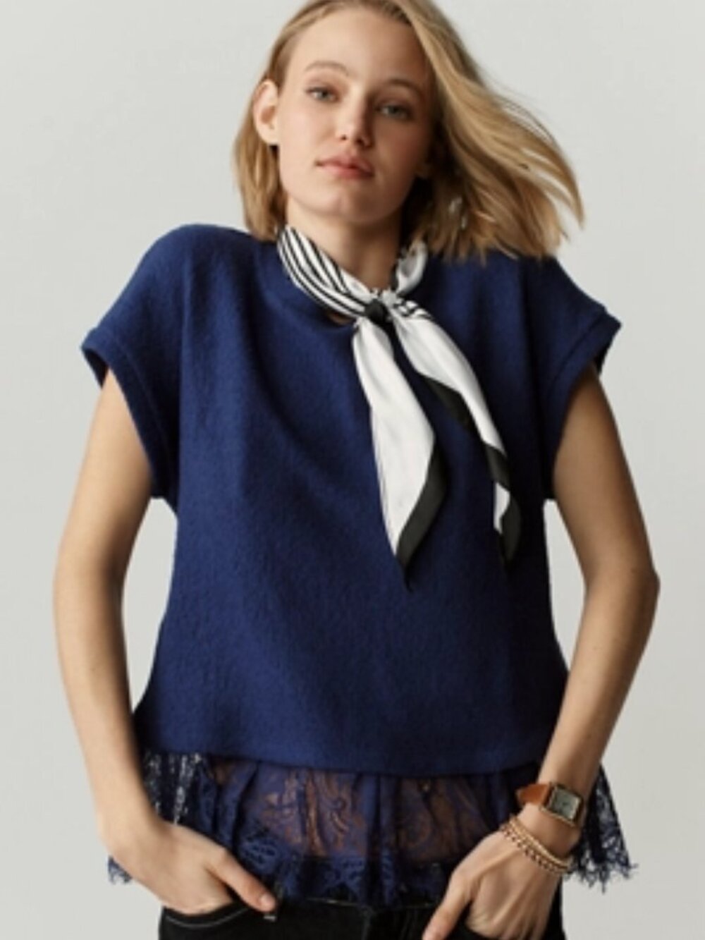 Anthropologie Maeve Ruffled Lace Tee (NEW Navy)